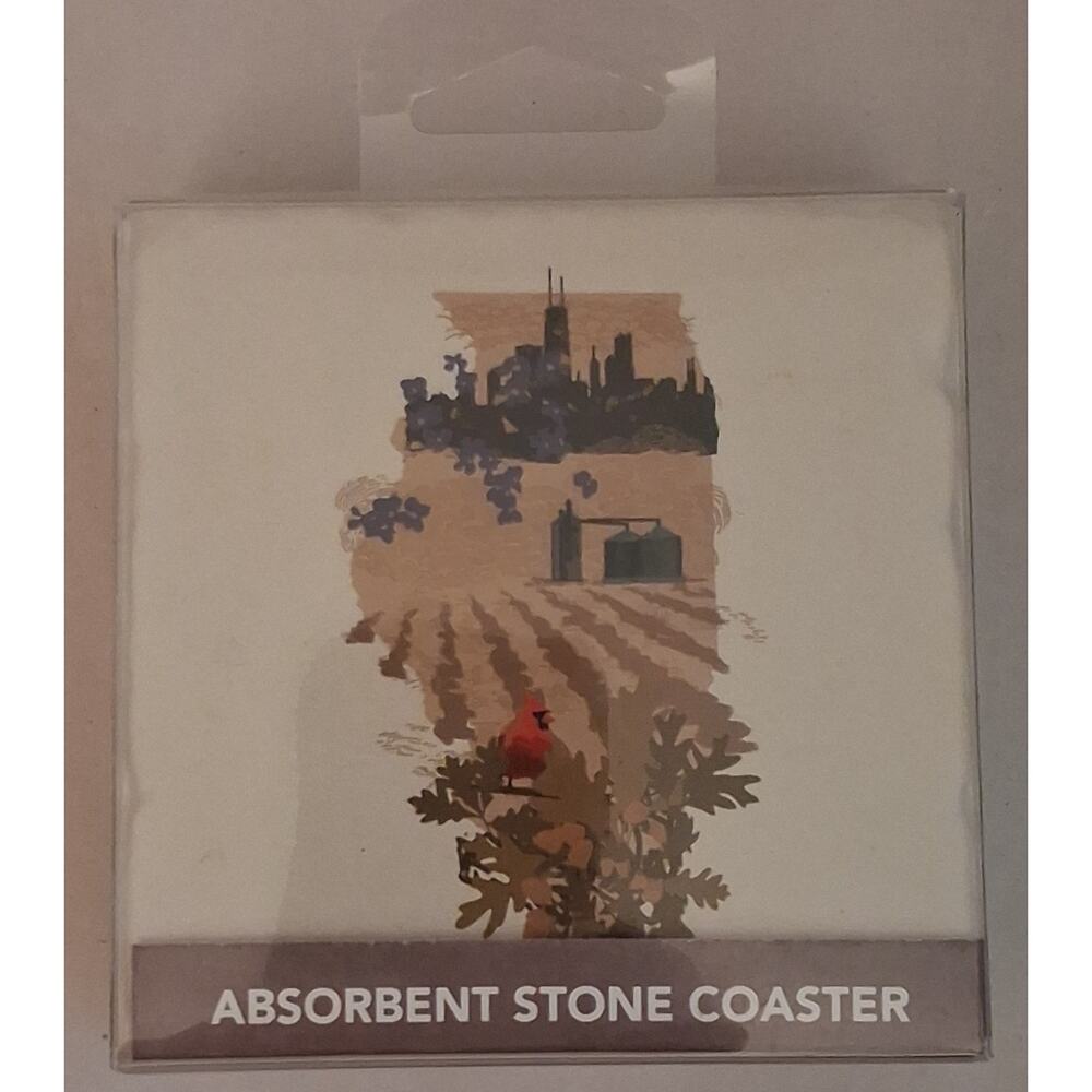 Absorbent Stone Coaster Set (Four) State Of Illinois Picturesque Brand New